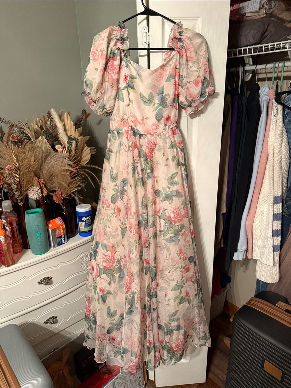 Ivy City Co Pink Floral Puff-Sleeve Maxi Dress